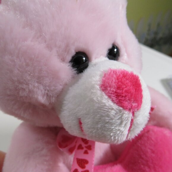 pink and light pink bear with plush embroidered heart be mine pillow - Picture 4 of 14